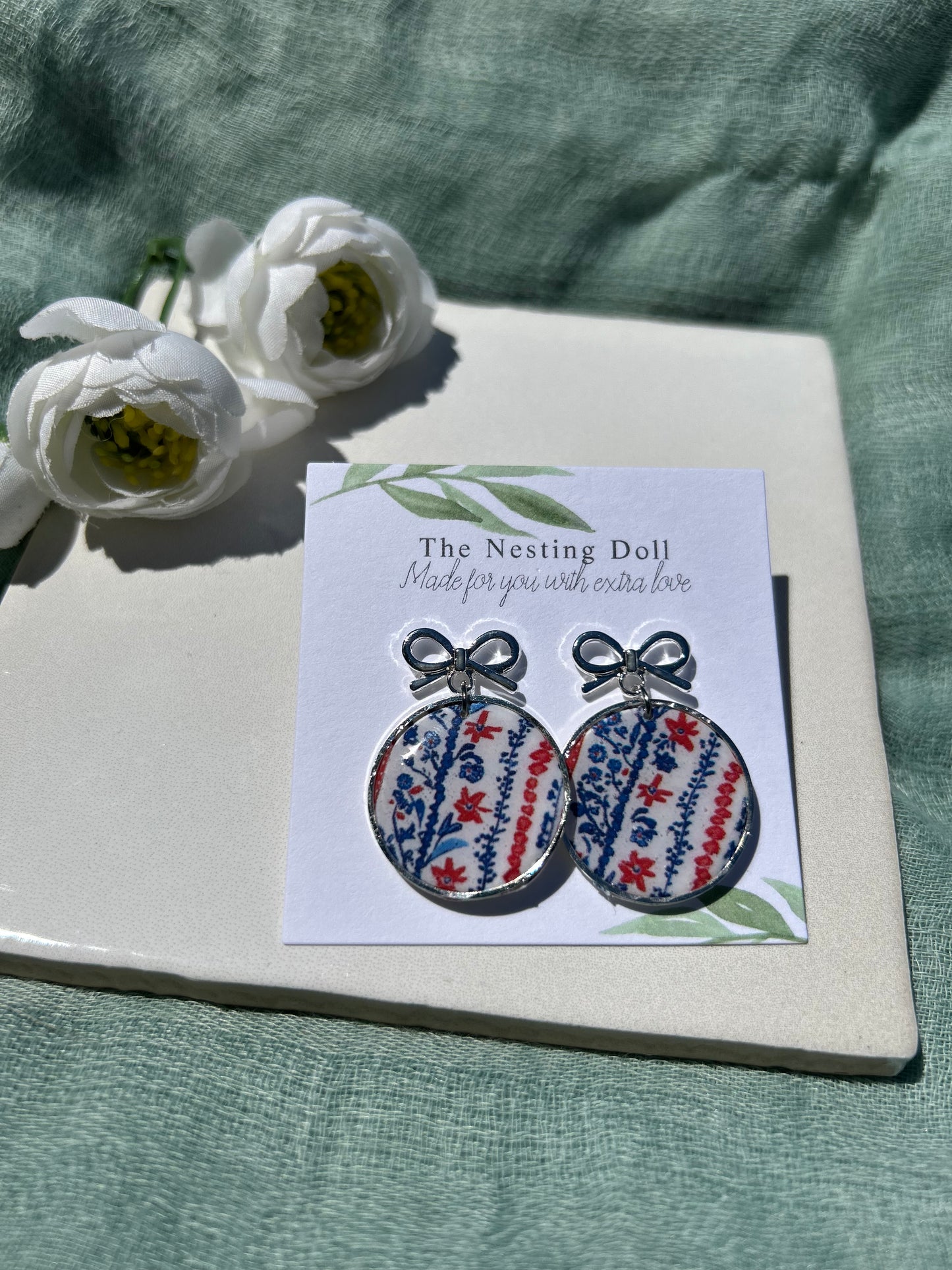 Silver Bow Circle Floral Dangles