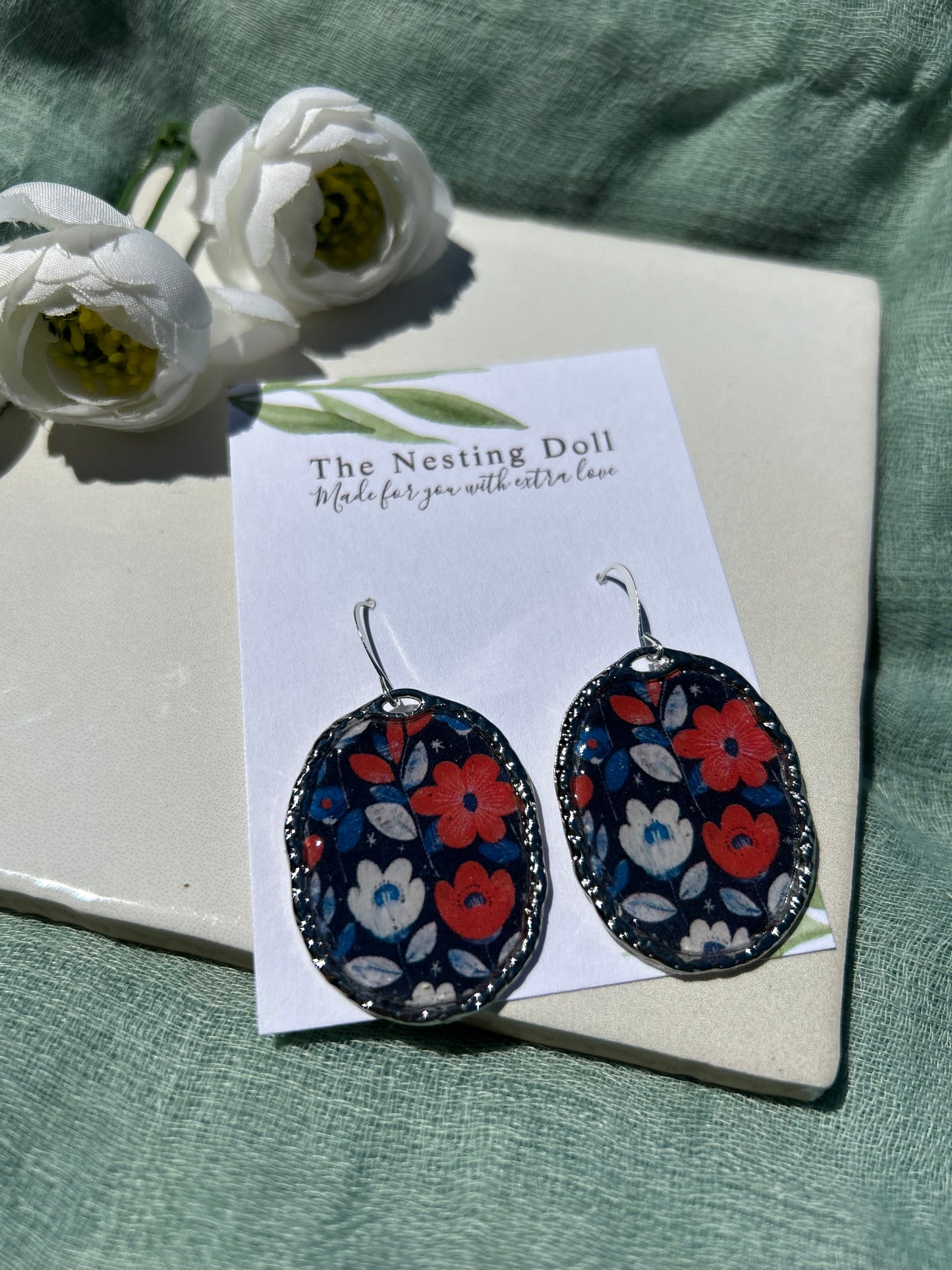 Silver Oval Floral Dangles