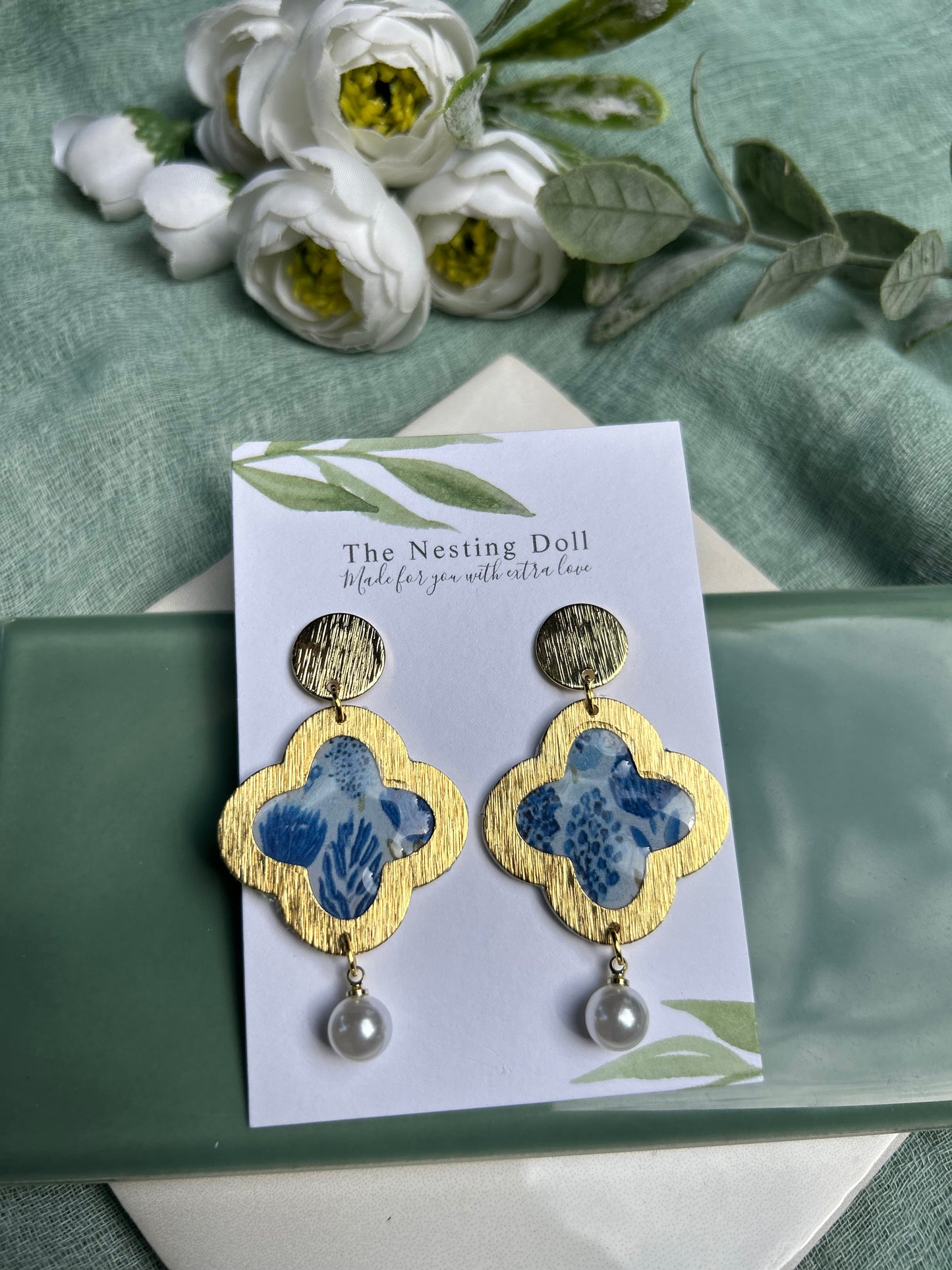 Blue Floral Pearl Dangle