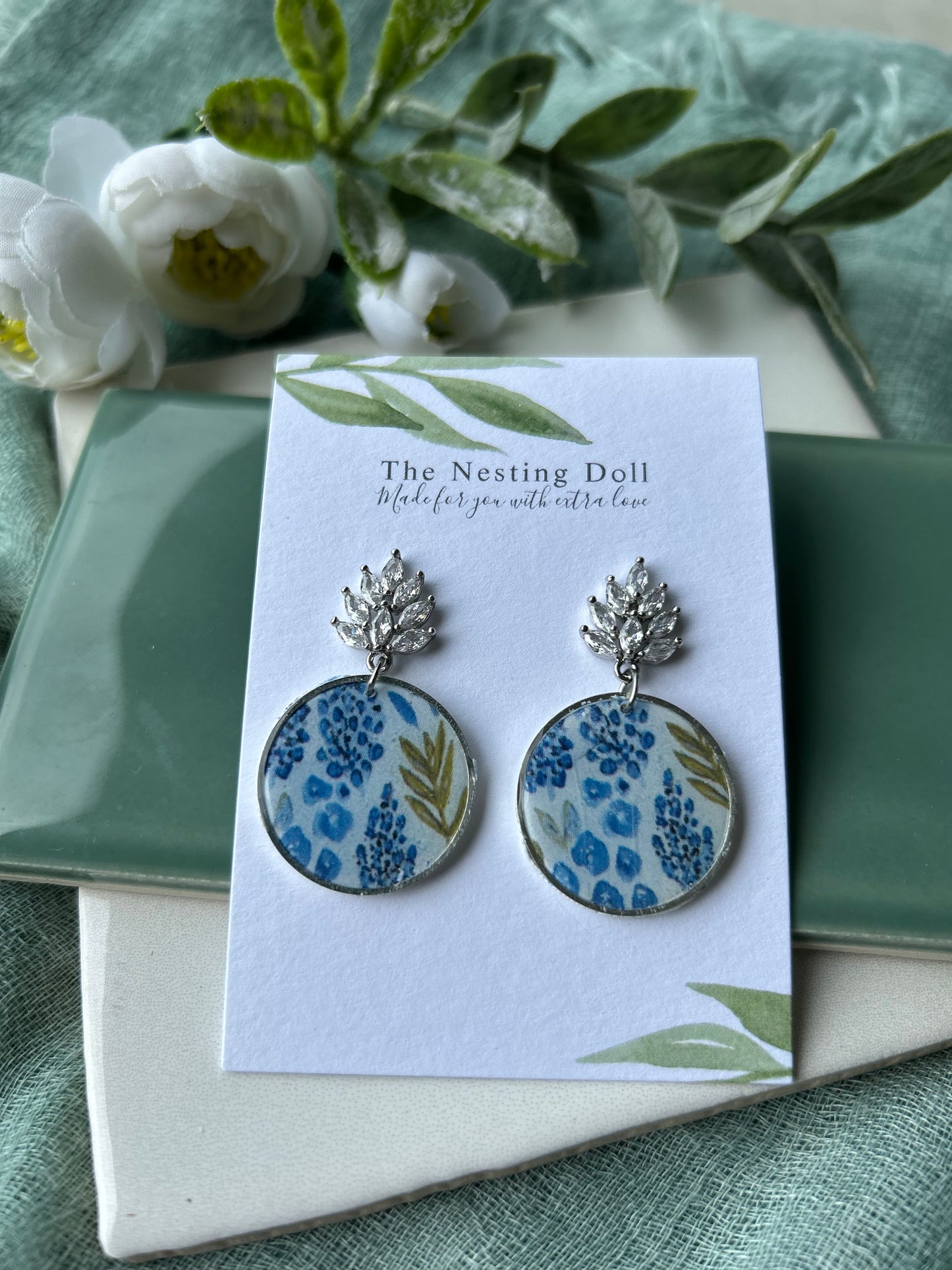 Blue Floral Circle Gem Dangles