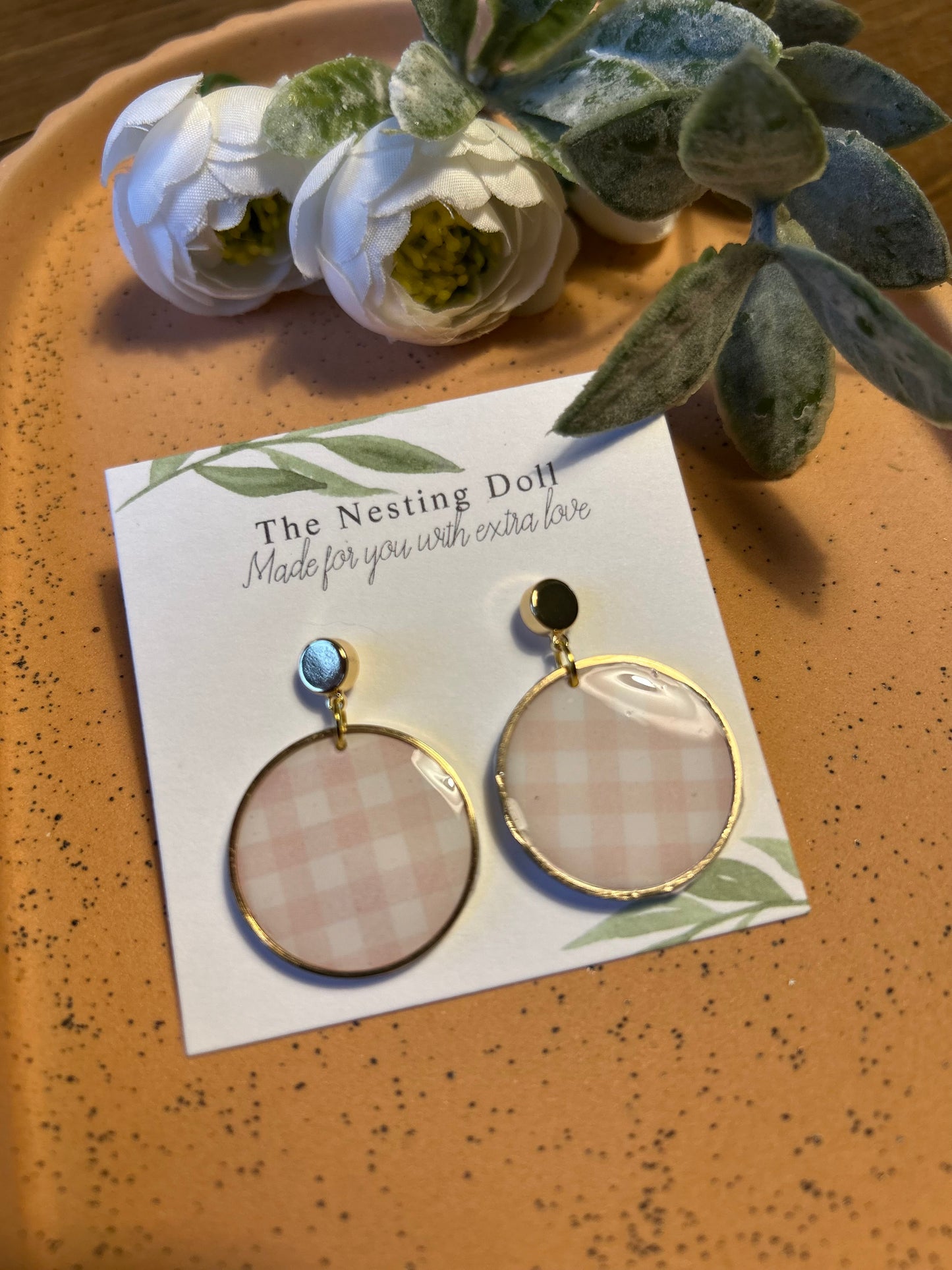Pink Gingham Circle Dangle