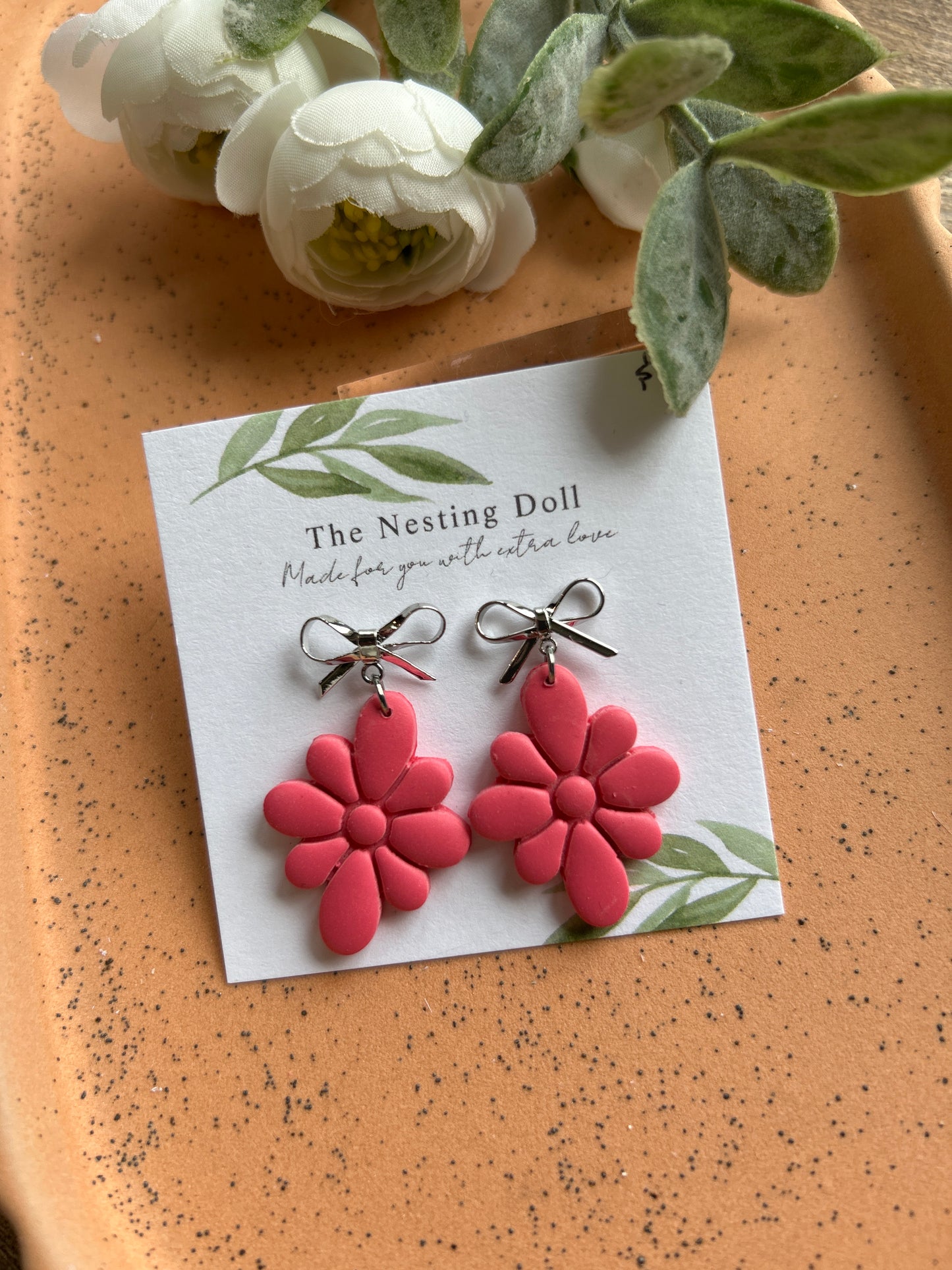 Coral Flower Bow Dangles