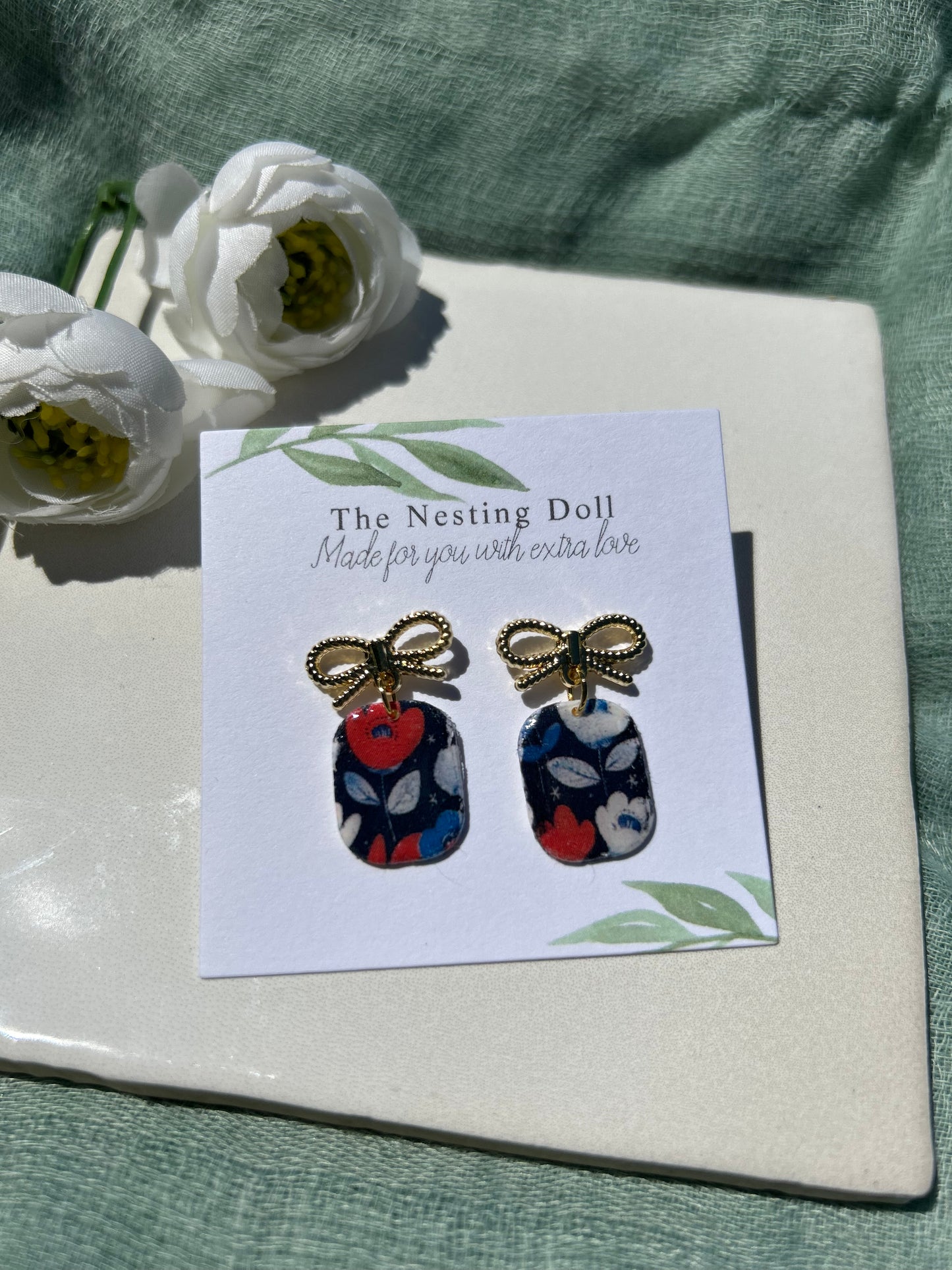 Gold Bow Rectangle Floral Dangles