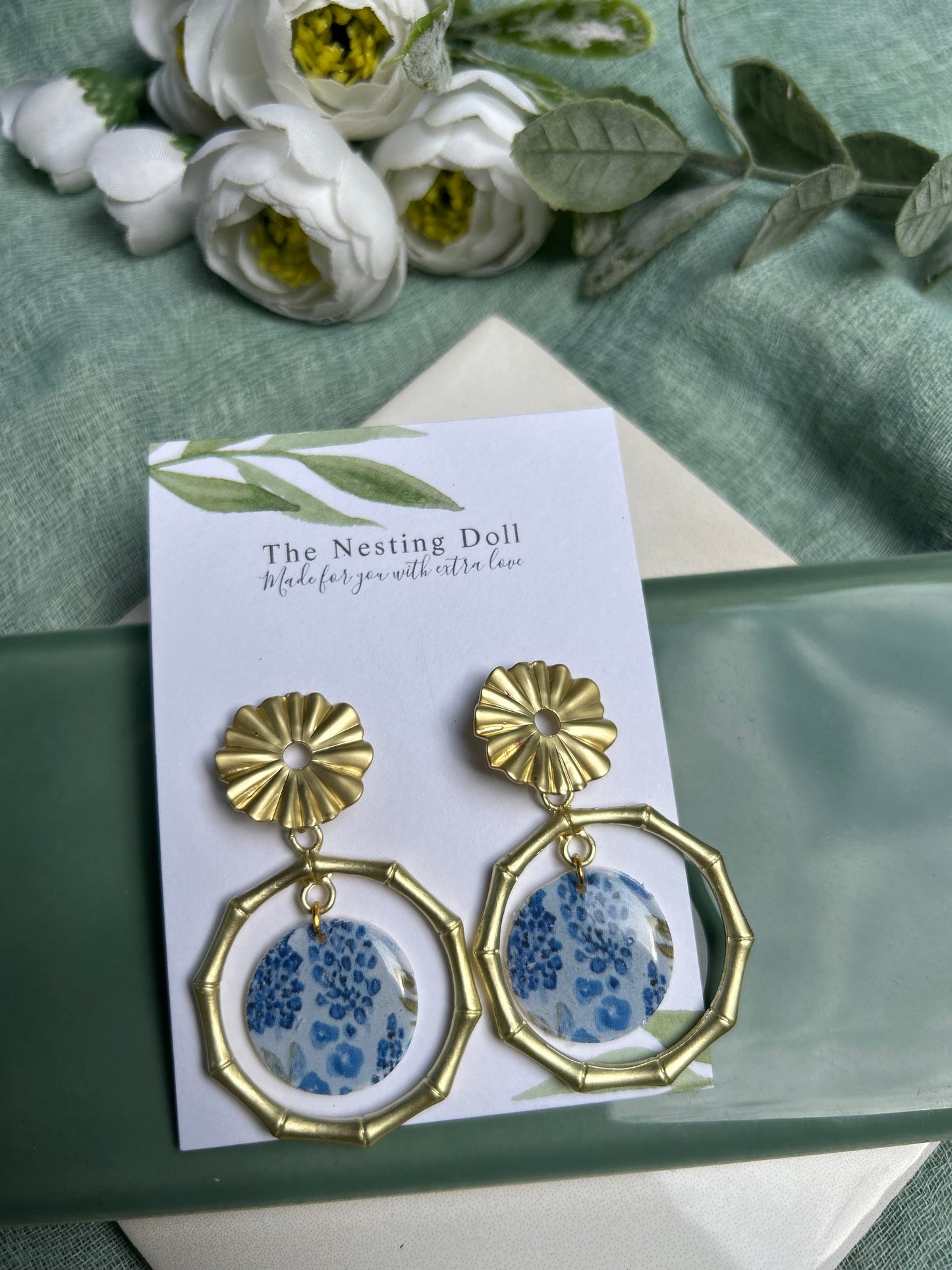 Blue Floral Hoop Dangle