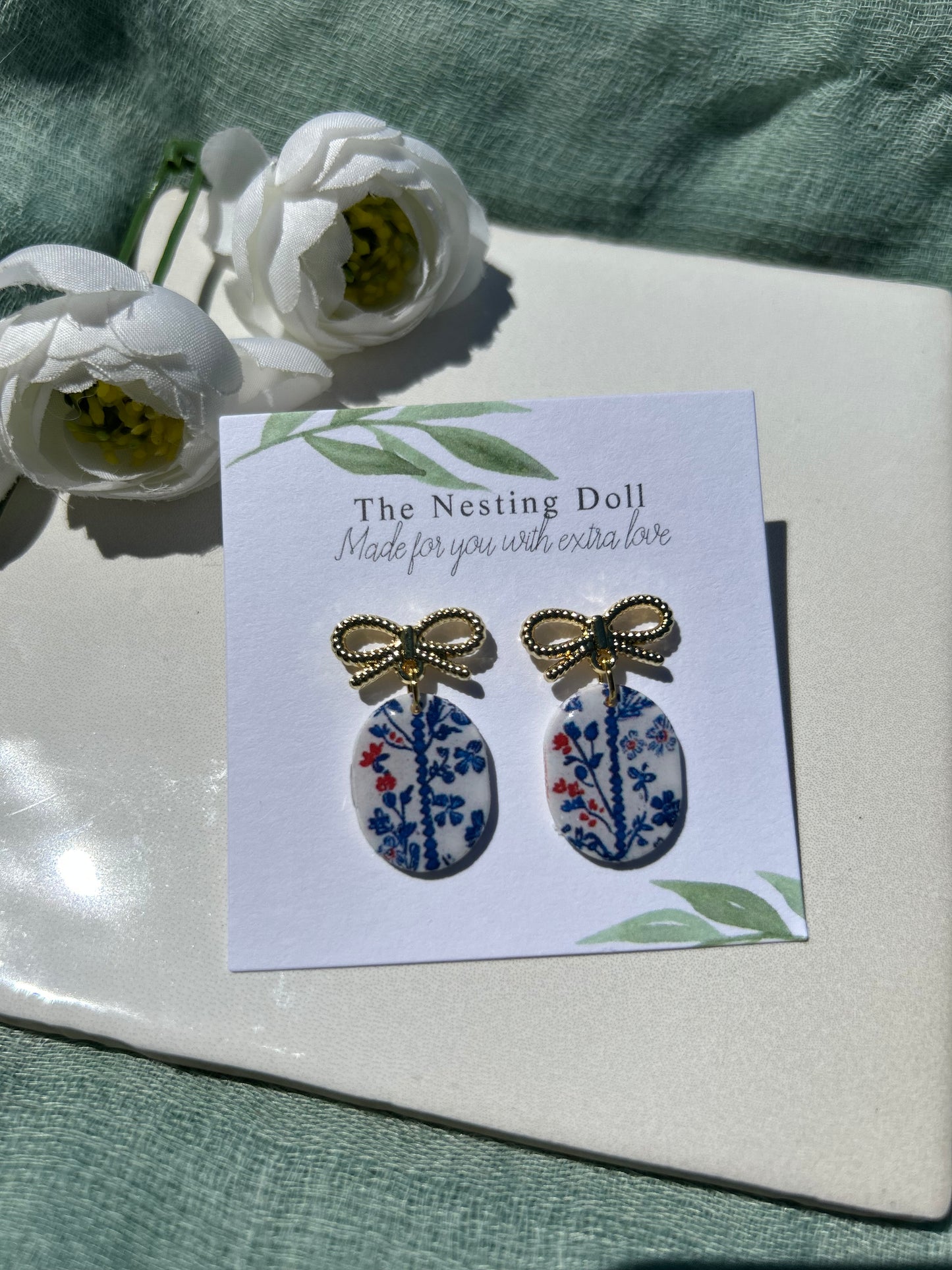 Gold Bow Oval Floral Dangles