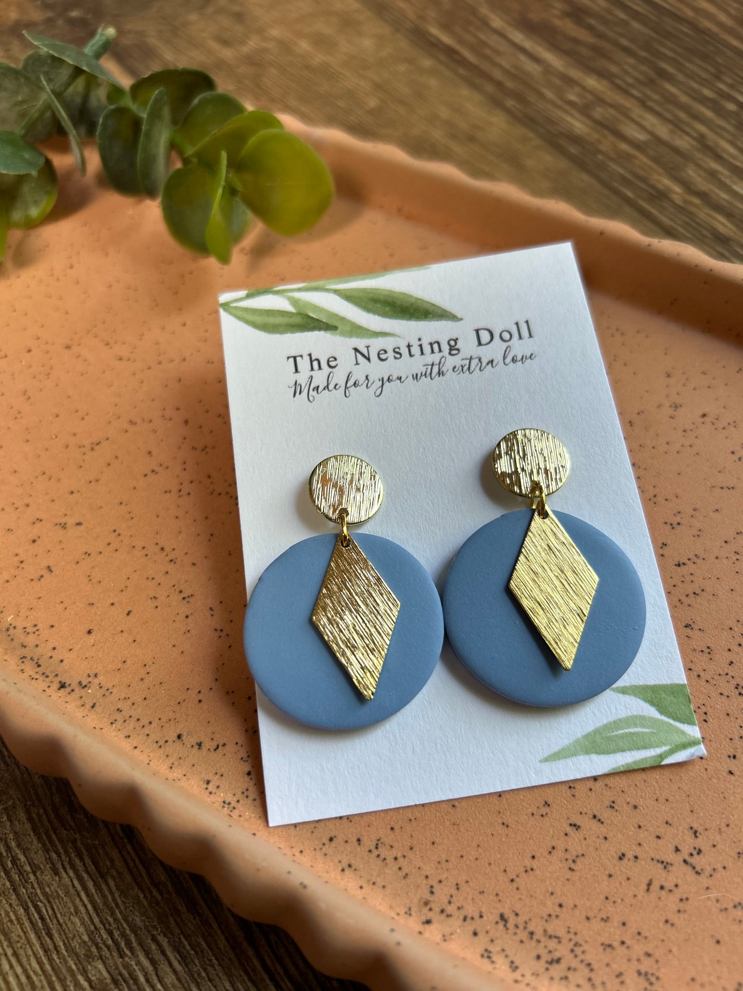 Brushed Gold Triangle Dangle in Blue