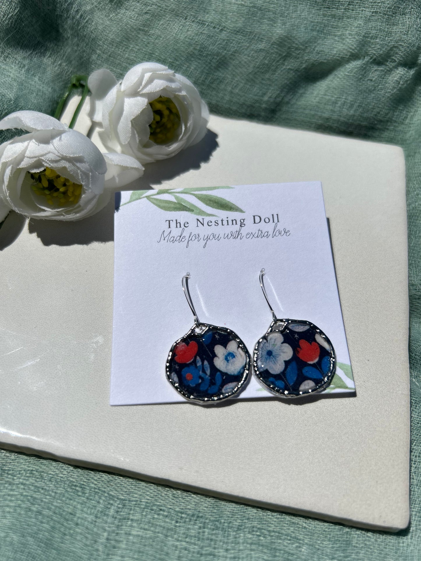 Silver Round Floral Dangles