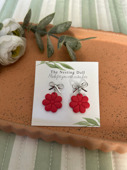 Red Flower Bow Dangles