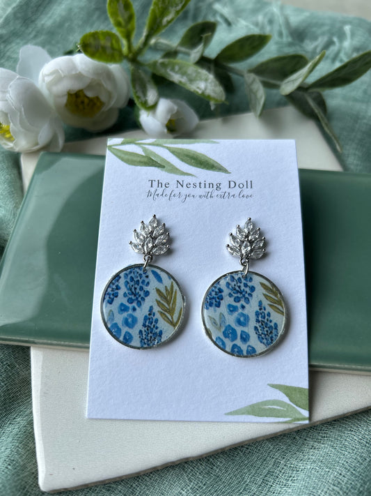 Blue Floral Circle Gem Dangles